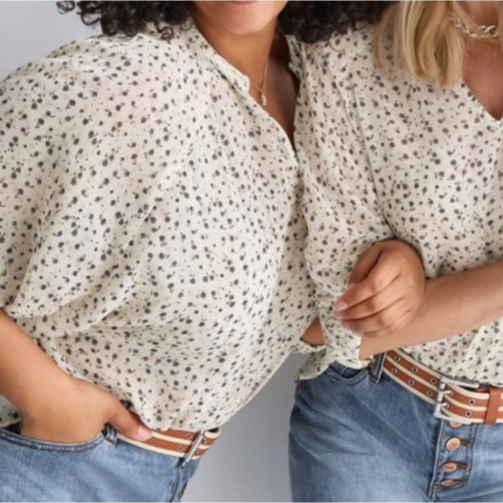 CAbi Cream Floral Split-Neck Blouse